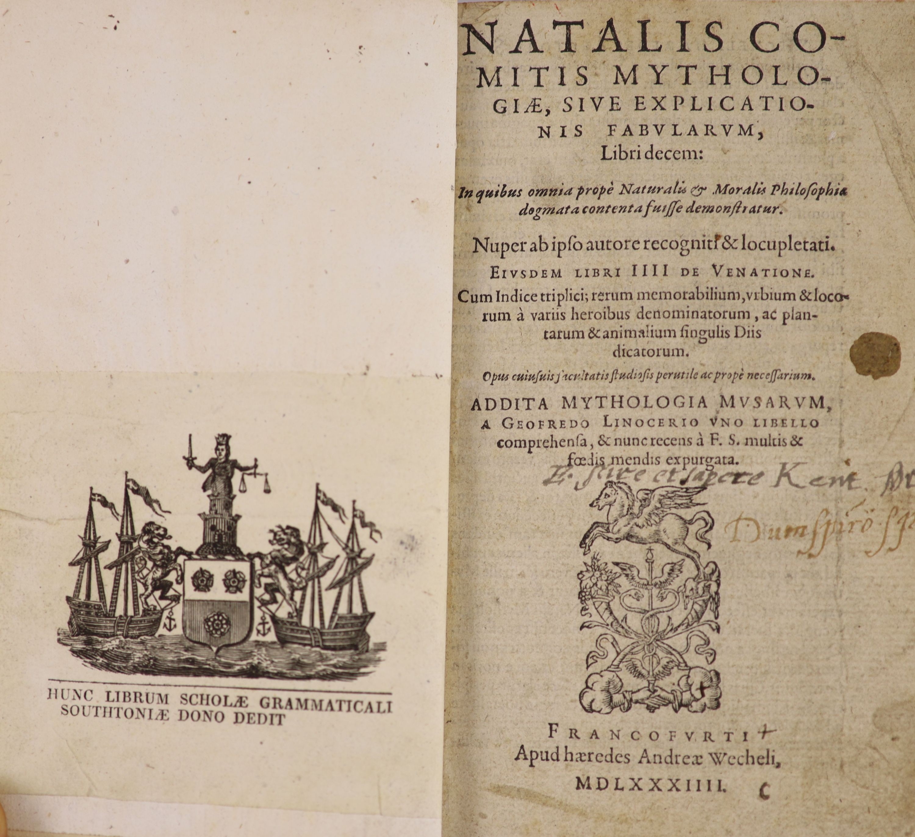 Comes, Natalis - Mythologiae, sive Explicationis Fabularum ... Addita Mythodogiae Musarum, a Geofredo Lincerio ... engraved title device, decorated initial letters: (16), 1137, (54)